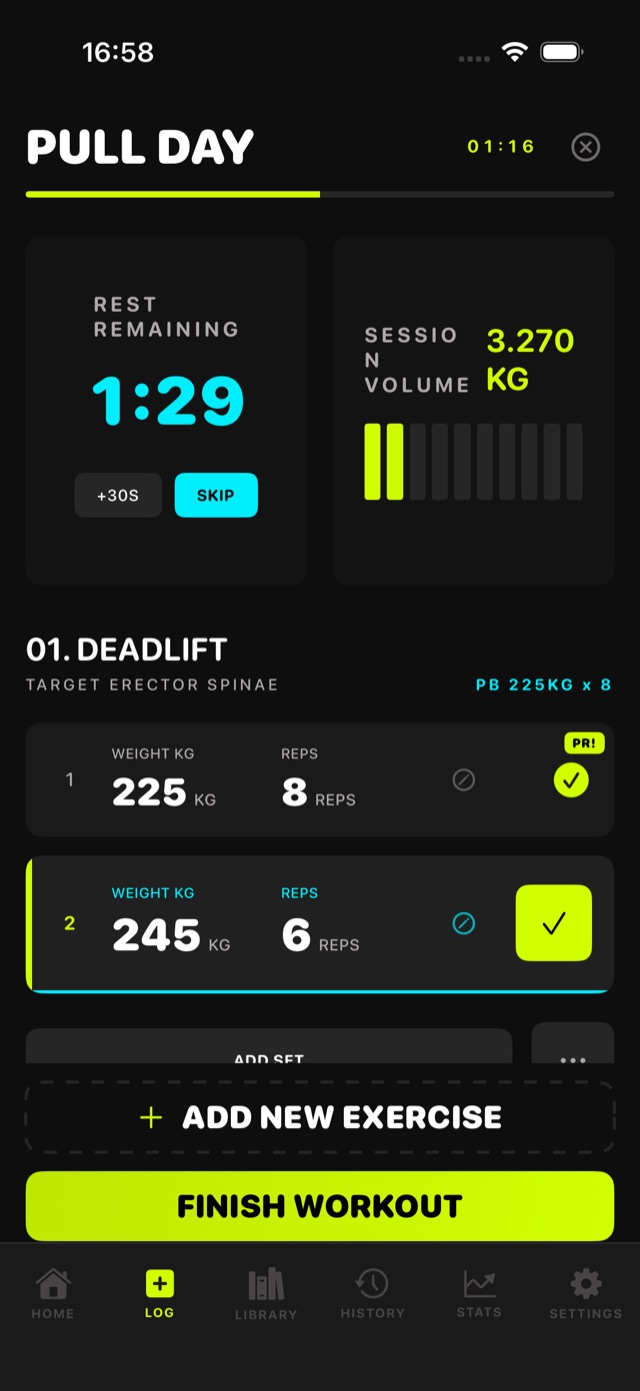 OMEGA STRIKE workout logger with rest timer running and a personal record badge